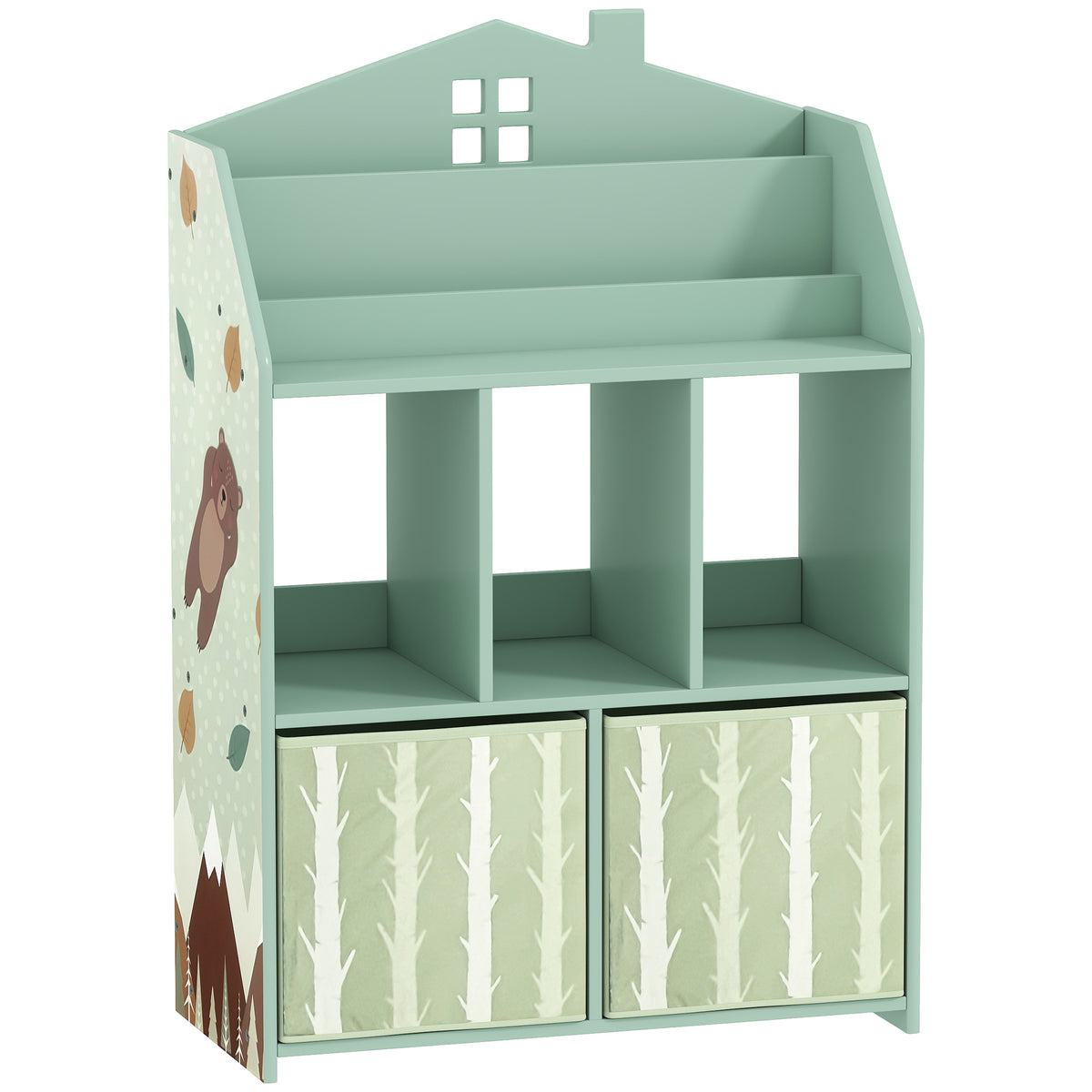 Meuble rangement enfant, bibliothèque enfants avec étagères ouvertes et 2 tiroirs en tissu, MDF, vert