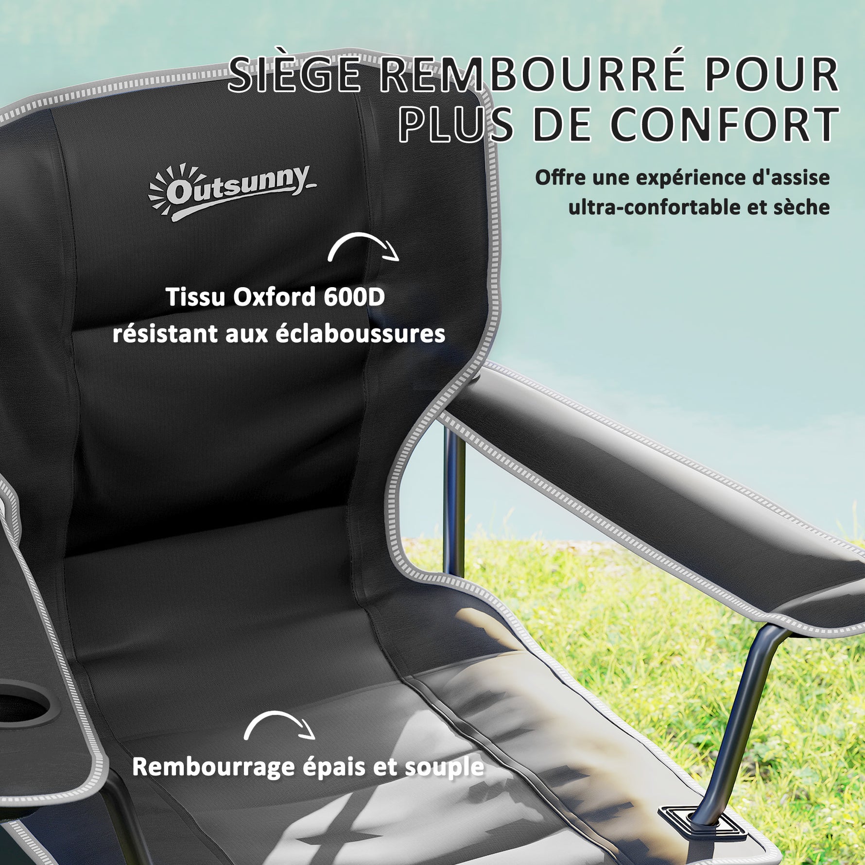 Chaise de camping pliante et portable avec porte-gobelets, poches latérales et sac de transport, noir