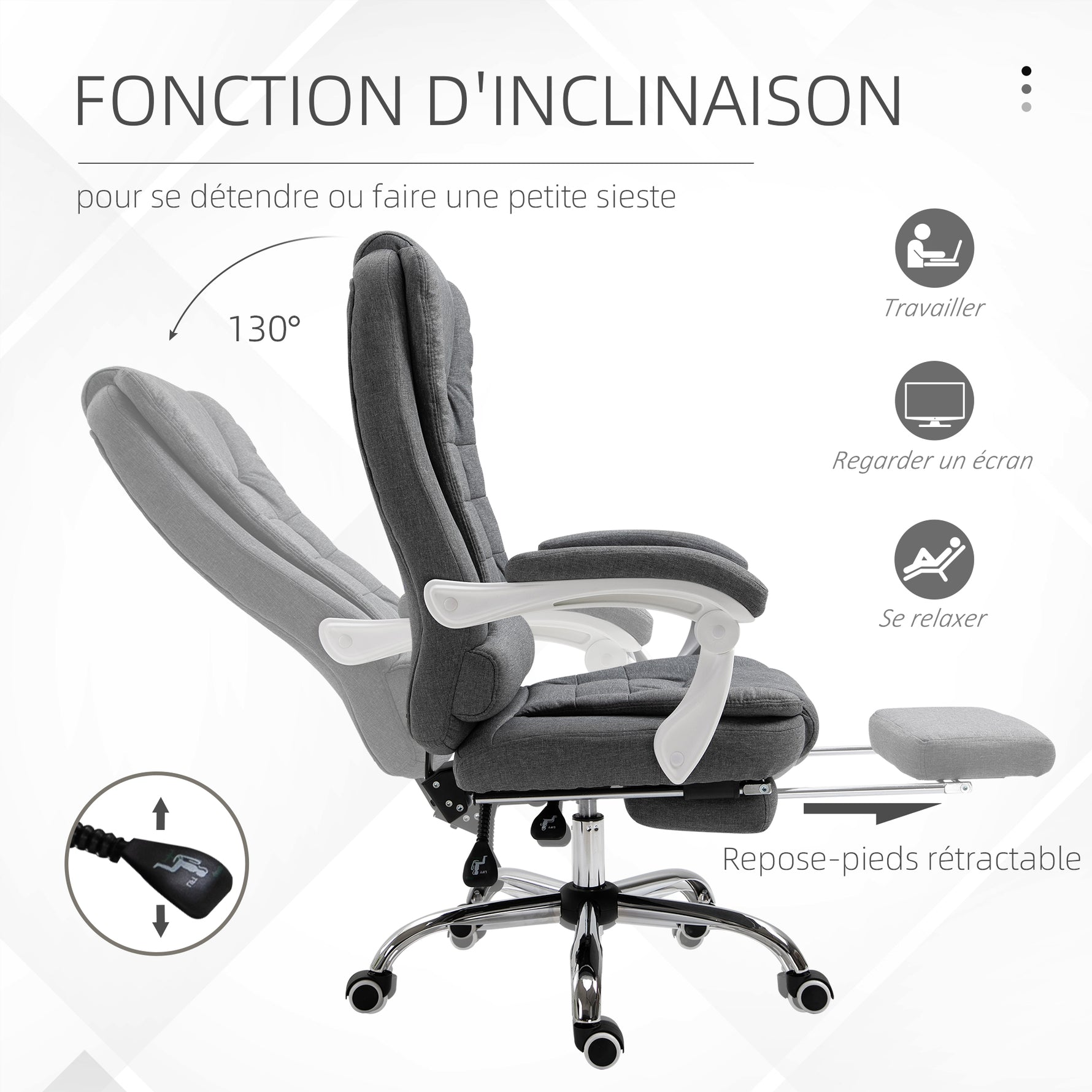 Fauteuil de bureau manager chaise pour ordinateur avec repose-pied dossier inclinable accoudoirs rembourrés en lin gris