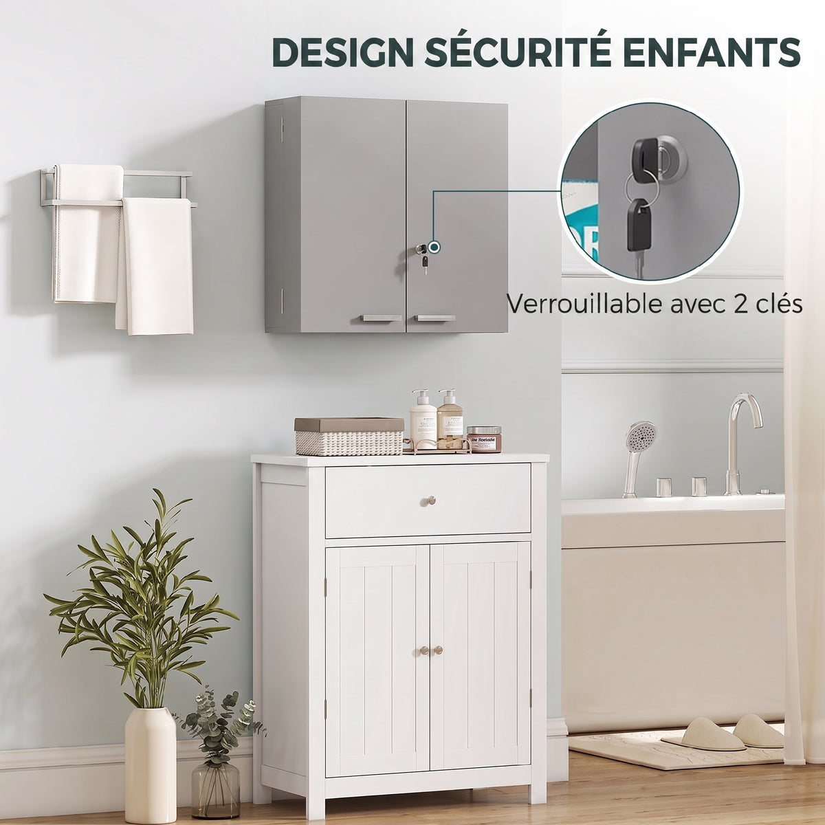 Armoire à pharmacie murale, armoire à médicaments avec double porte verrouillable 2 clés, 53x20x53cm, gris