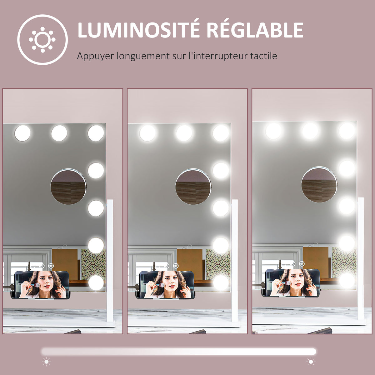 Miroir Hollywood avec LED 12 ampoules, luminosité réglable, rotation à 360°, grossissement 10X, touche tactile, blanc
