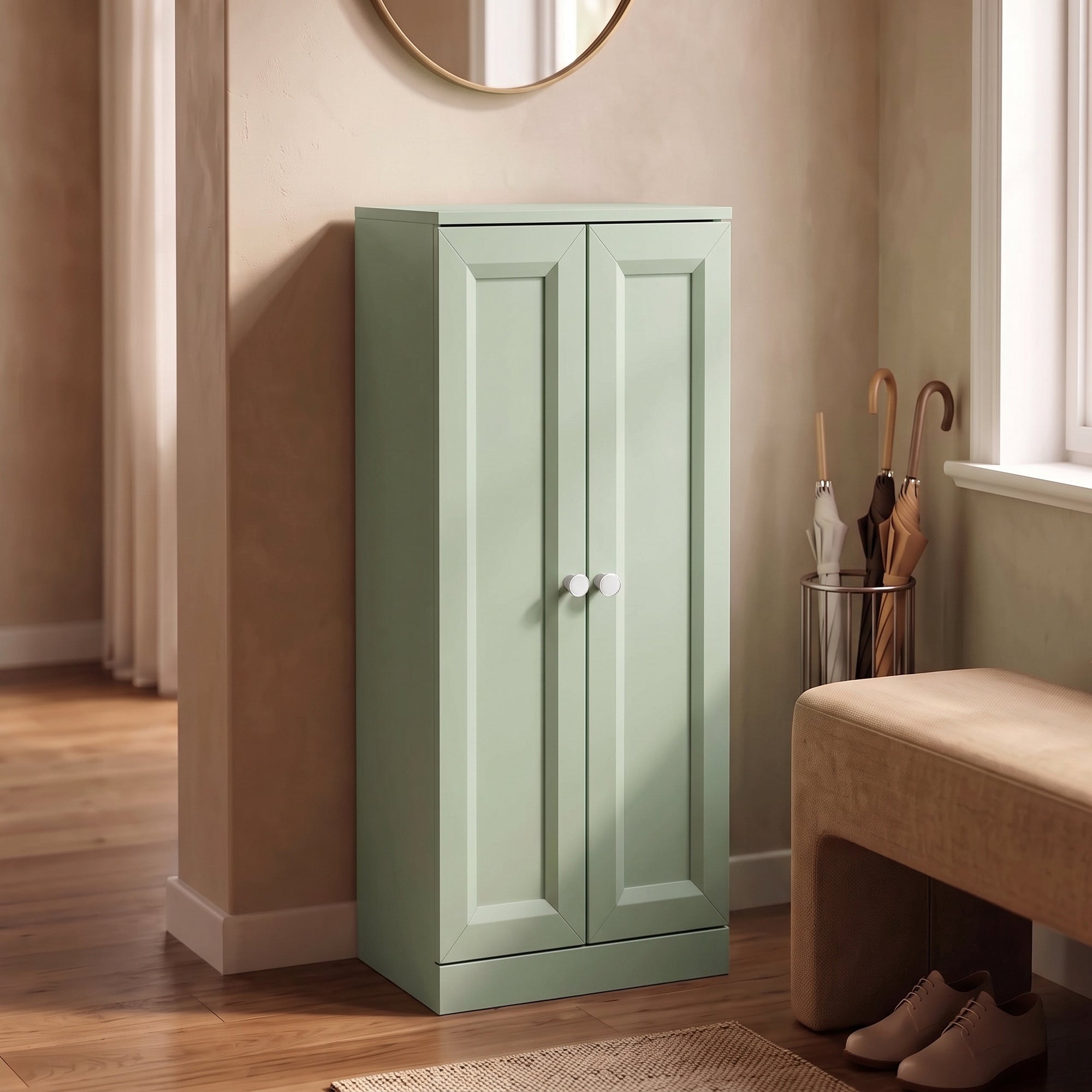 Meuble de Salle de Bain Étroit, Meuble de Rangement Sur Pied avec 2 Portes et 3 Étagères, pour Salon, Chambre, Vert