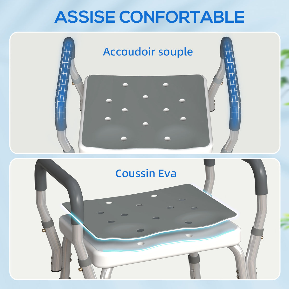 Shower stool for the elderly and disabled with armrests, height adjustable, non-slip feet, gray