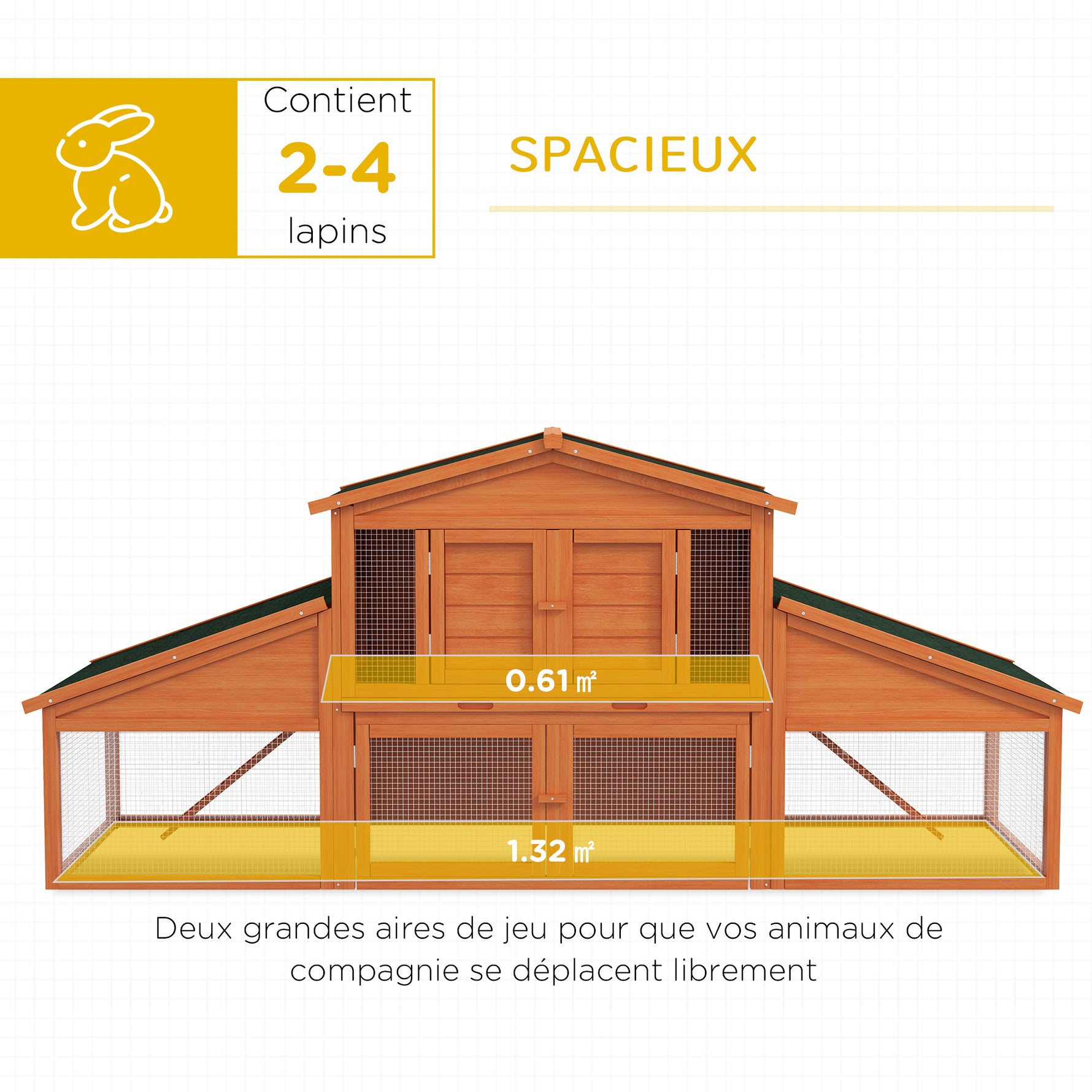 Clapier cage à lapins rongeurs poulailler XXL 2 étages 2 enclos tiroir déjection 2,25L x 0,70l x 1H m bois massif pin