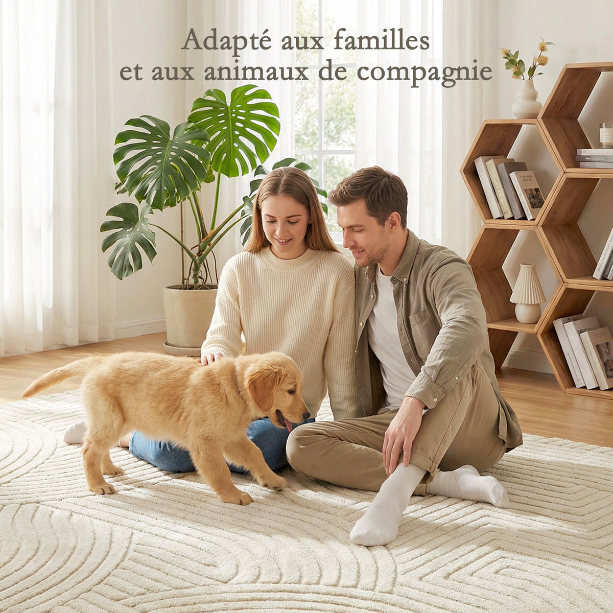 Tapis salon 200 x 140 cm, tapis à poils épais géométrique, moelleux et antidérapant, crème