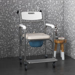 Chaise percée à roulettes - fauteuil roulant percé - chaise de douche - seau amovible, accoudoirs, repose-pied - acier chromé HDPE blanc