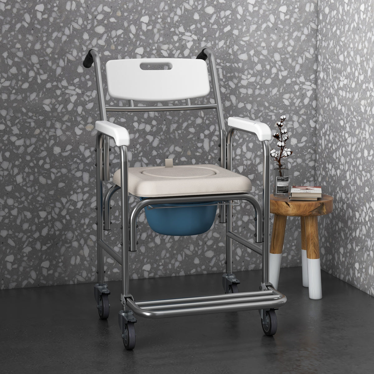 Chaise percée à roulettes - fauteuil roulant percé - chaise de douche - seau amovible, accoudoirs, repose-pied - acier chromé HDPE blanc