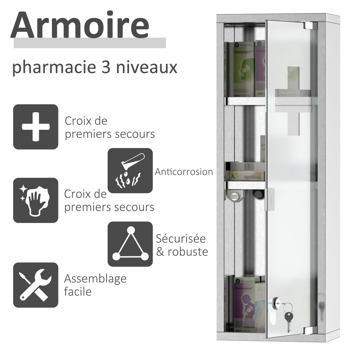 Armoire à Pharmacie 2 étagères 3 Niveaux 20L x 12l x 58H cm Porte Verre trempé Symbole Croix Acier INOX.