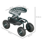 Asiento de jardín con ruedas giratorio 360° y regulable en altura con bandeja para herramientas, carga máx. 150 kg, verde