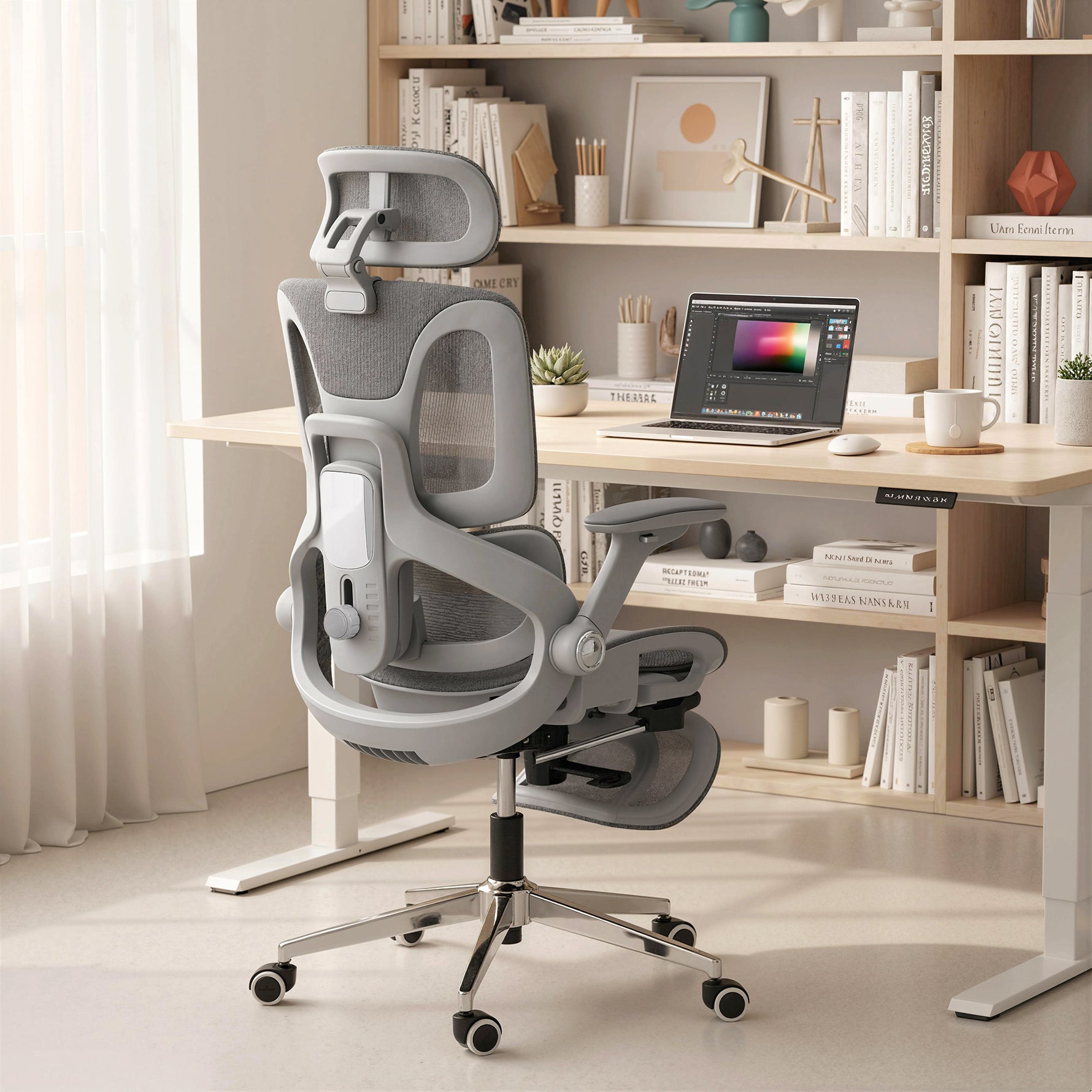 Chaise Bureau Ergonomique avec Accoudoirs 4D Appui-Tête et Profondeur d'Assise Réglables Maille Gris