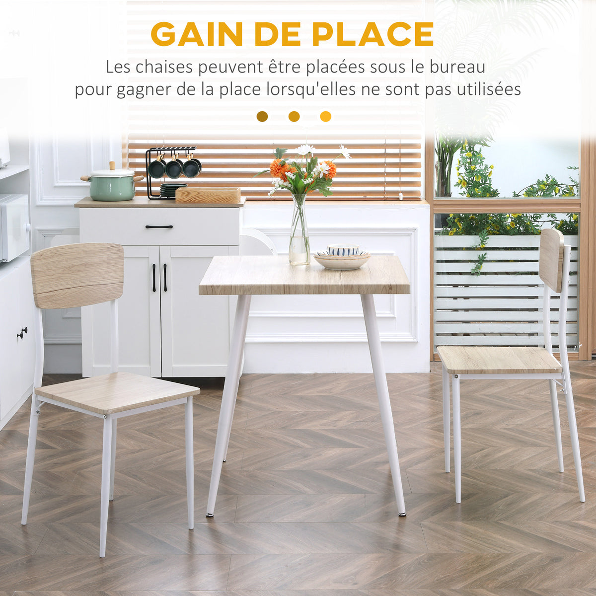 Ensemble table à manger carrée 3 pièces avec 2 chaises cuisine salle à manger plateau MDF châssis métal blanc