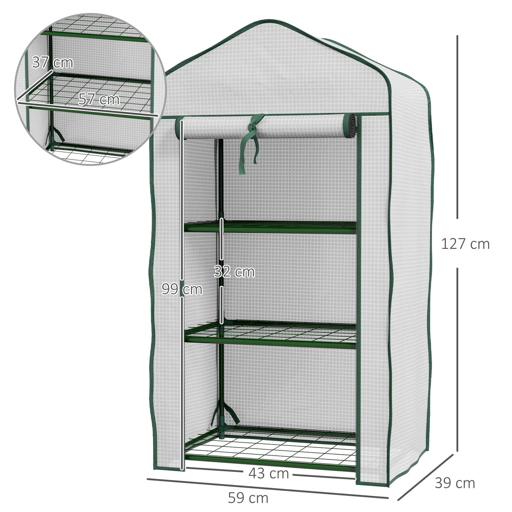 Serre de Jardin étagère 3 Niveaux dim. 59L x 39l x 127H cm métal thermolaqué Vert PE Haute densité 140g/m² Blanc