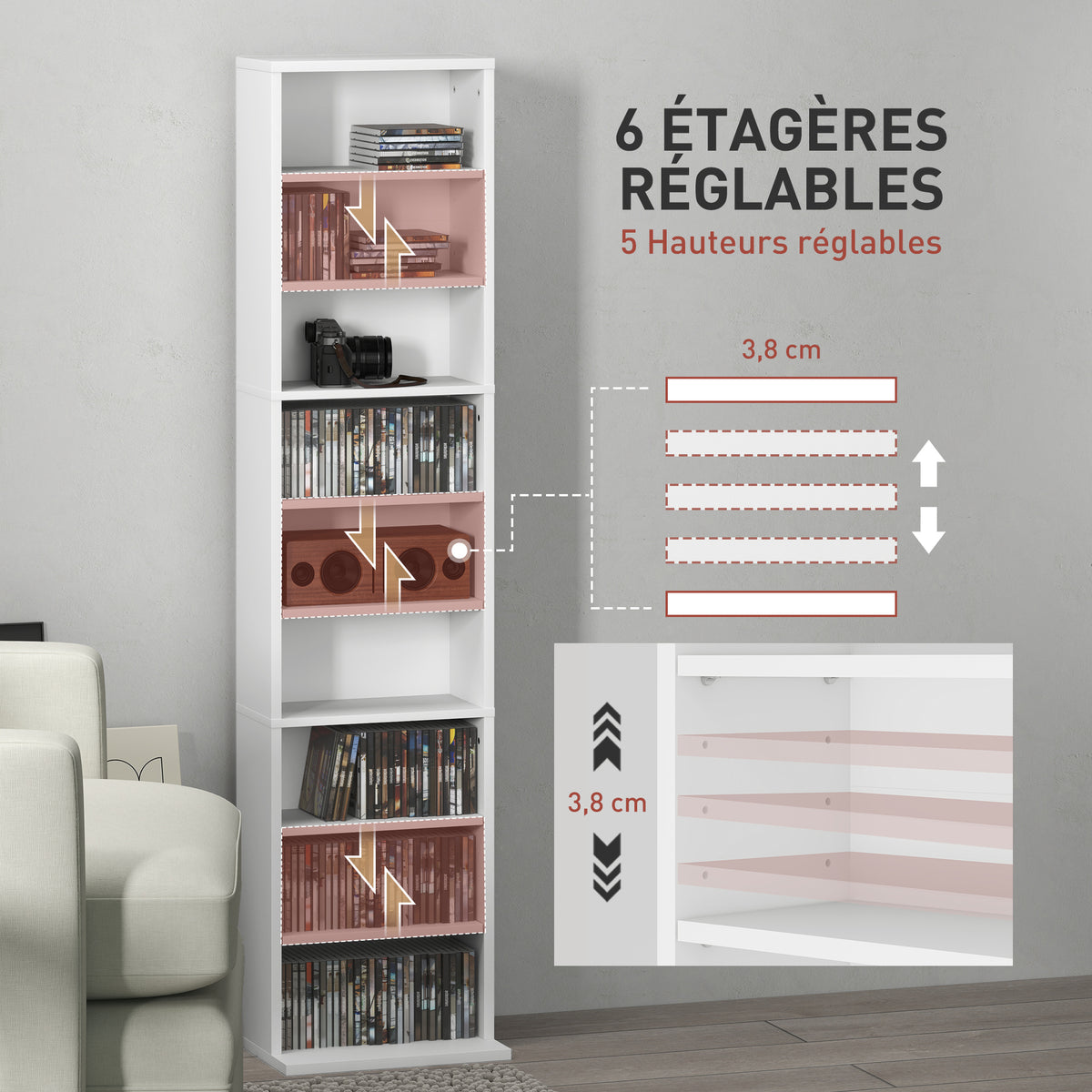Rangements pour CD et DVD 9 compartiments et 6 étagères réglables capacité max. 260 CD/120 DVD 33 x 24 x 140 cm blanc