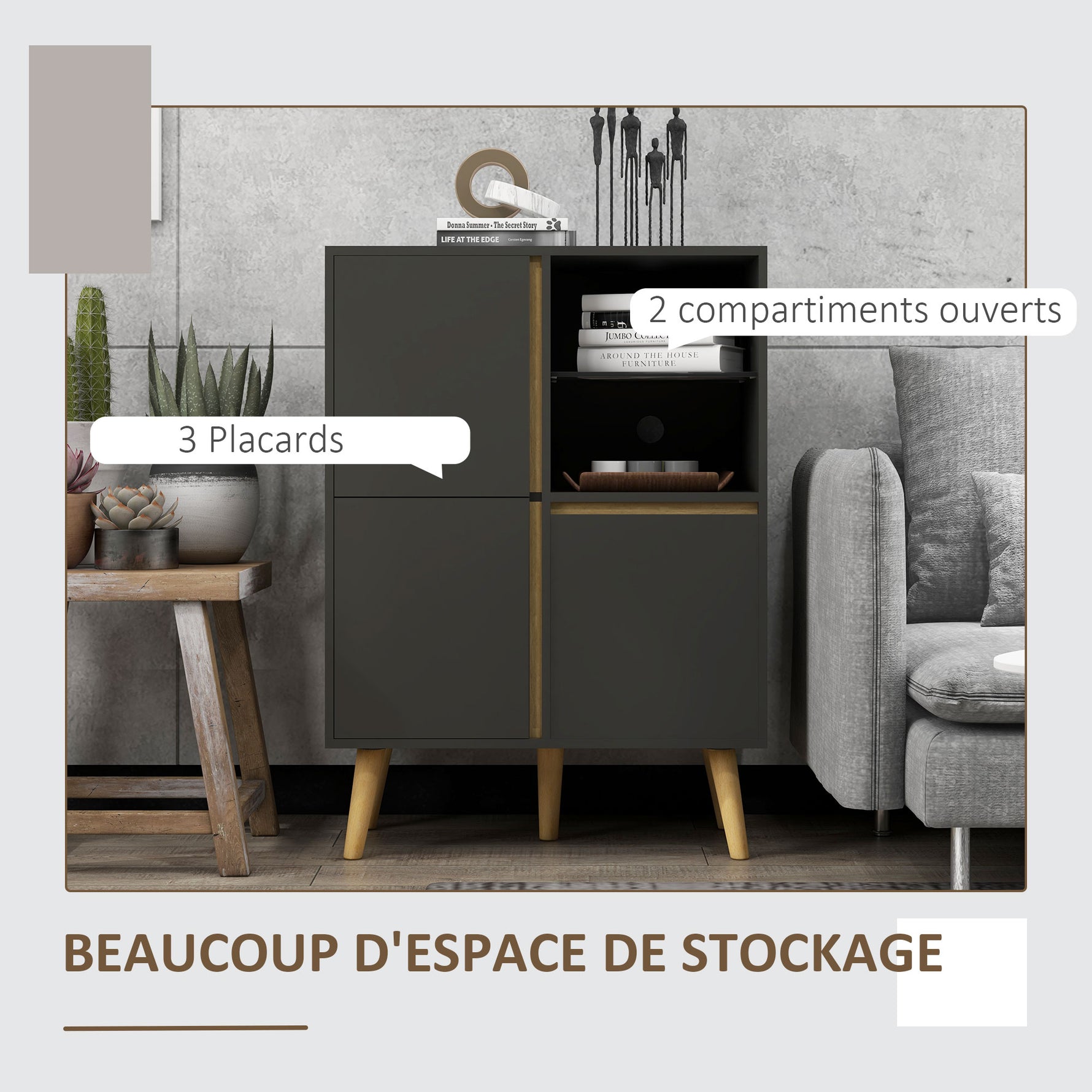 Meuble de rangement design modene avec étagères réglables et pieds en bois massif 70 x 40 x 96,1 cm gris foncé