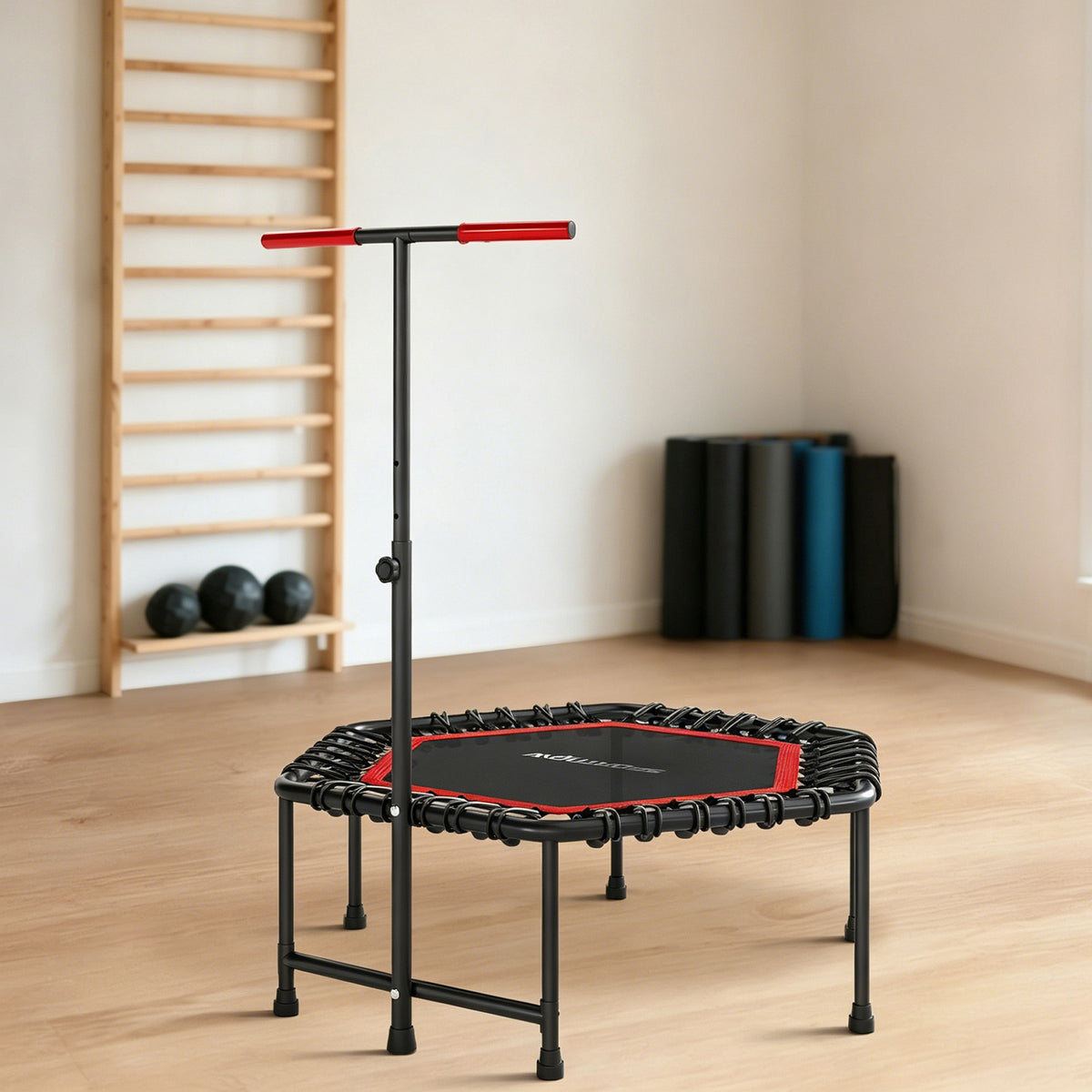 Trampoline de fitness 114 cm, cordes élastiques, poignée réglable 3 positions, trampoline d'exercice silencieux, rouge