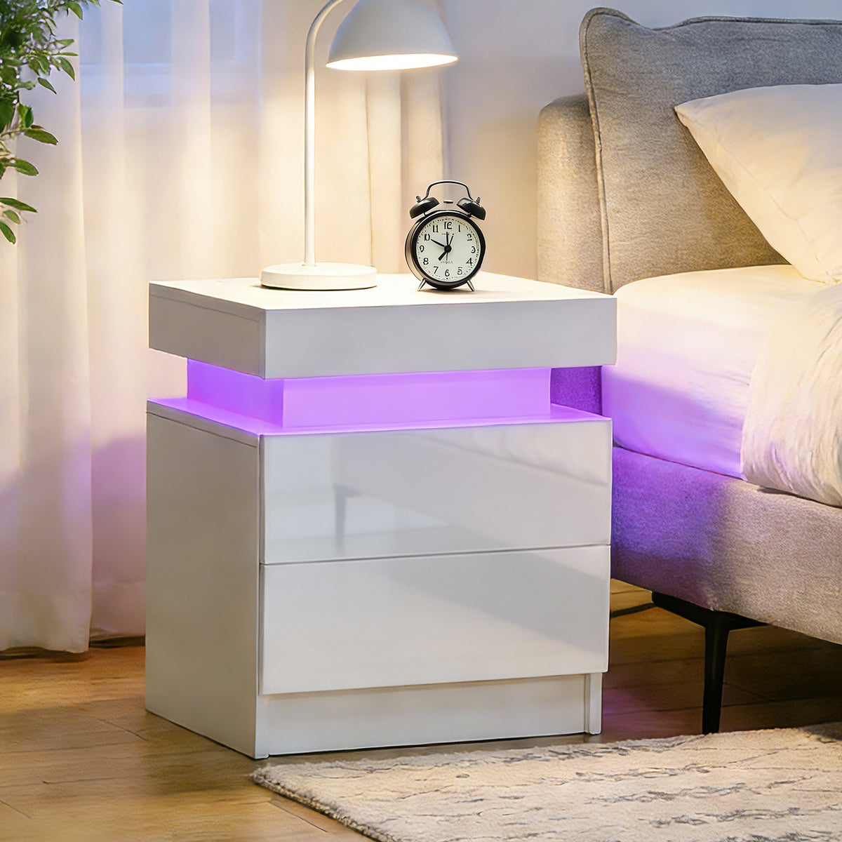 Table de chevet table de nuit lumière LED RVB panneau haute brillance avec 2 tiroirs pour salon chambre à coucher blanc
