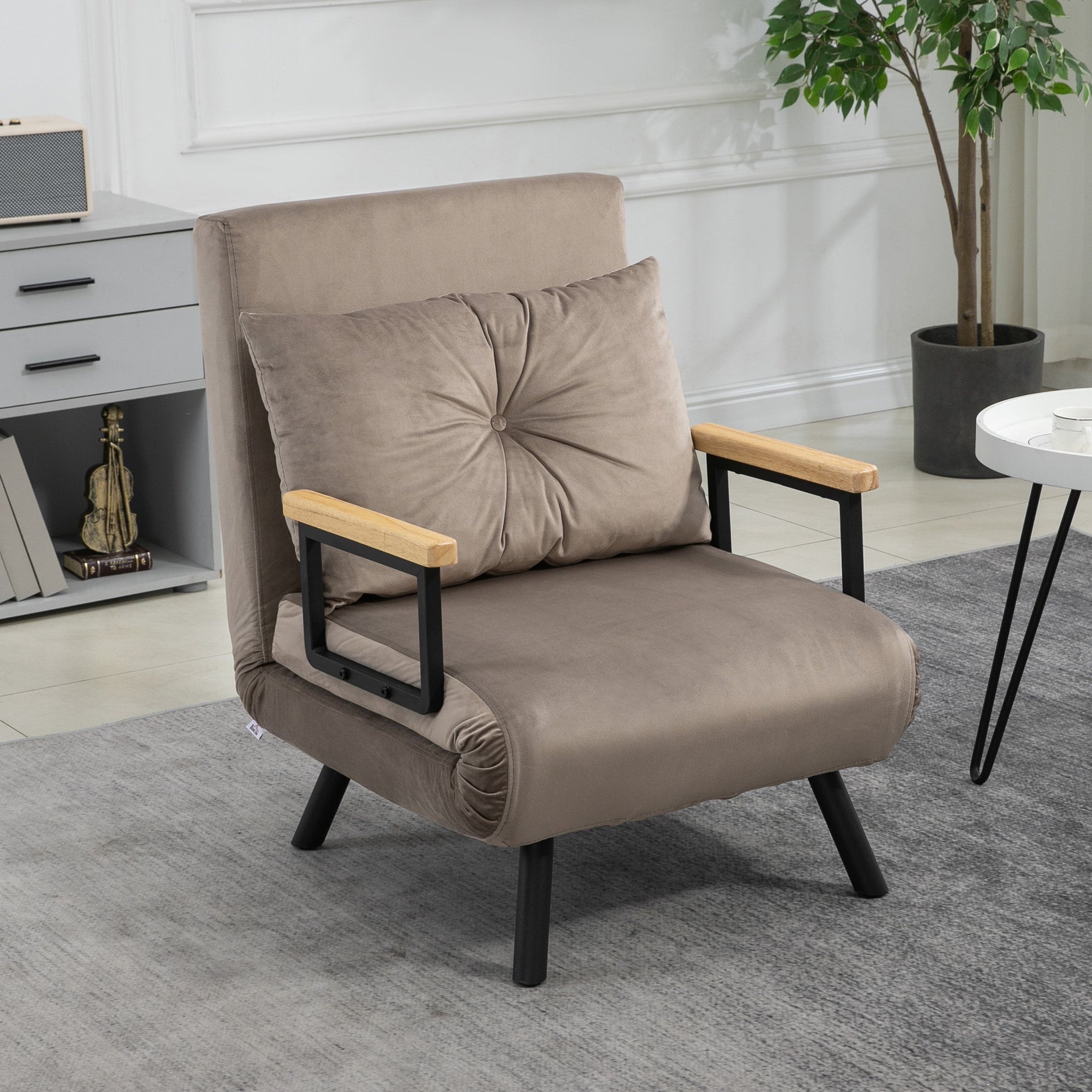 Fauteuil convertible 4 en 1 lit 1 place dossier 5 positions, accoudoirs en bois et coussin, tissu effet velours, marron