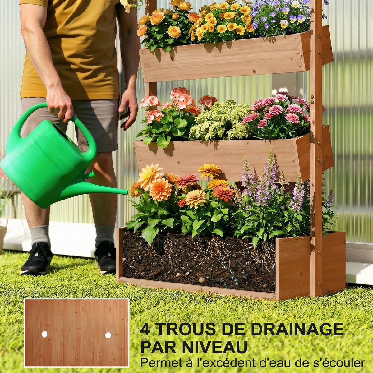Jardinière Surélevée en Bois avec 4 Étages, avec Trous de Drainage et Doublure en Tissu, 85x45x140cm, Marron