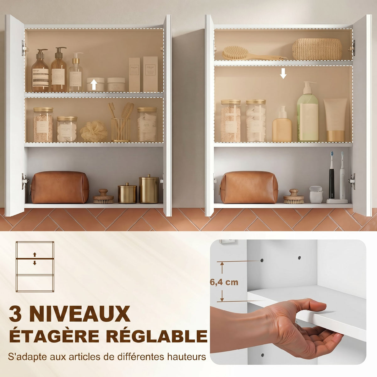 Armoire avec Miroir en Bois Rangement Salle de Bain Fermeture Porte Tampon MDF