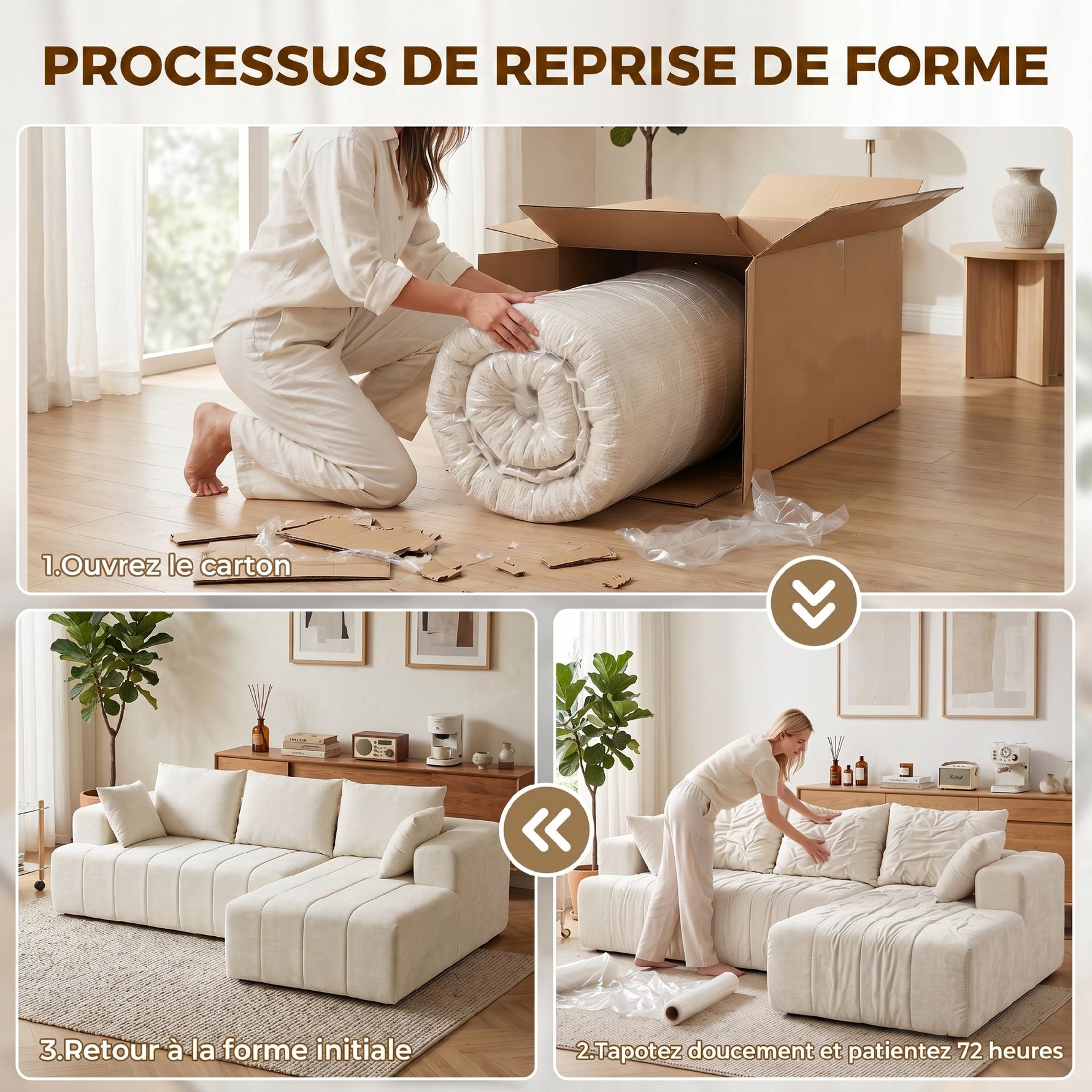 Canapé d'angle 256 cm avec méridienne, canapé-lit 3 places en chenille forme de L, assise et accoudoirs larges, beige