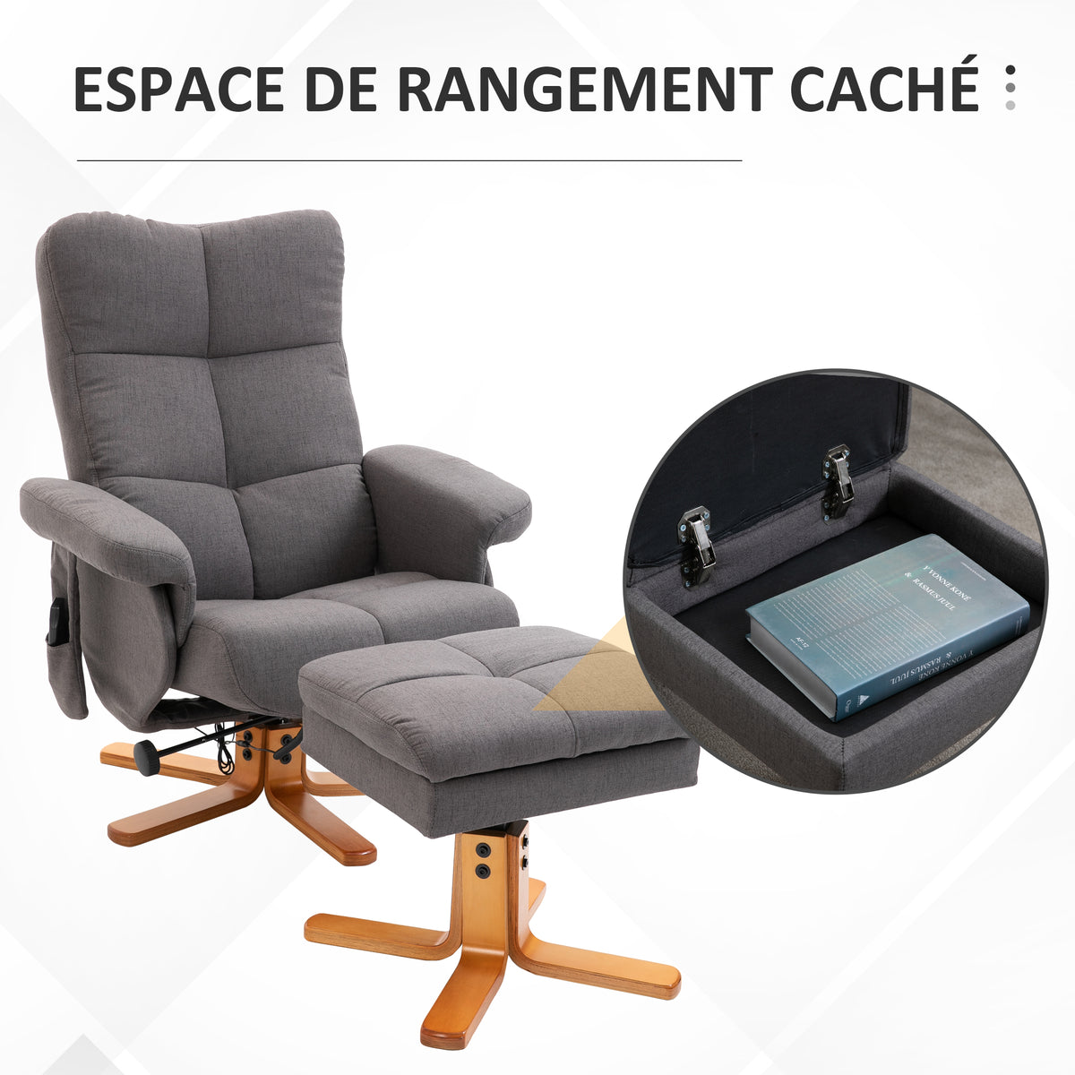 Fauteuil massant avec repose-pied - dossier inclinable jusqu'à 145°, coffre de rangement, appuie-têteet et télécommande
