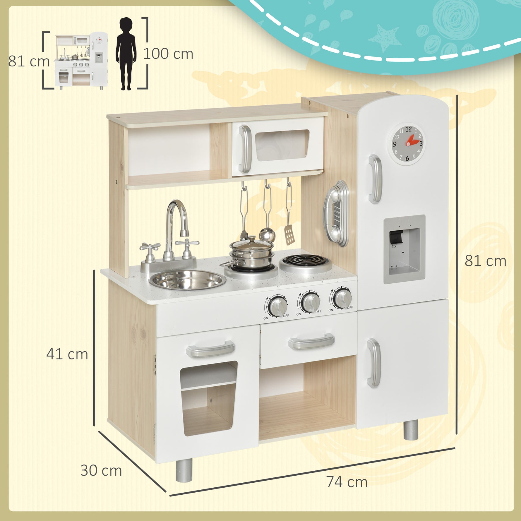 Cuisine Bois Jeu d'imitation - Cuisine Enfant - Nombreux Accessoires & rangements Inclus - MDF pin Blanc chêne Clair