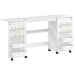Tavolo da cucito pieghevole, mobile per cucito con rotelle, 2 ante magnetiche, 4 scomparti, 20 ganci, 160x40x81,5cm, bianco