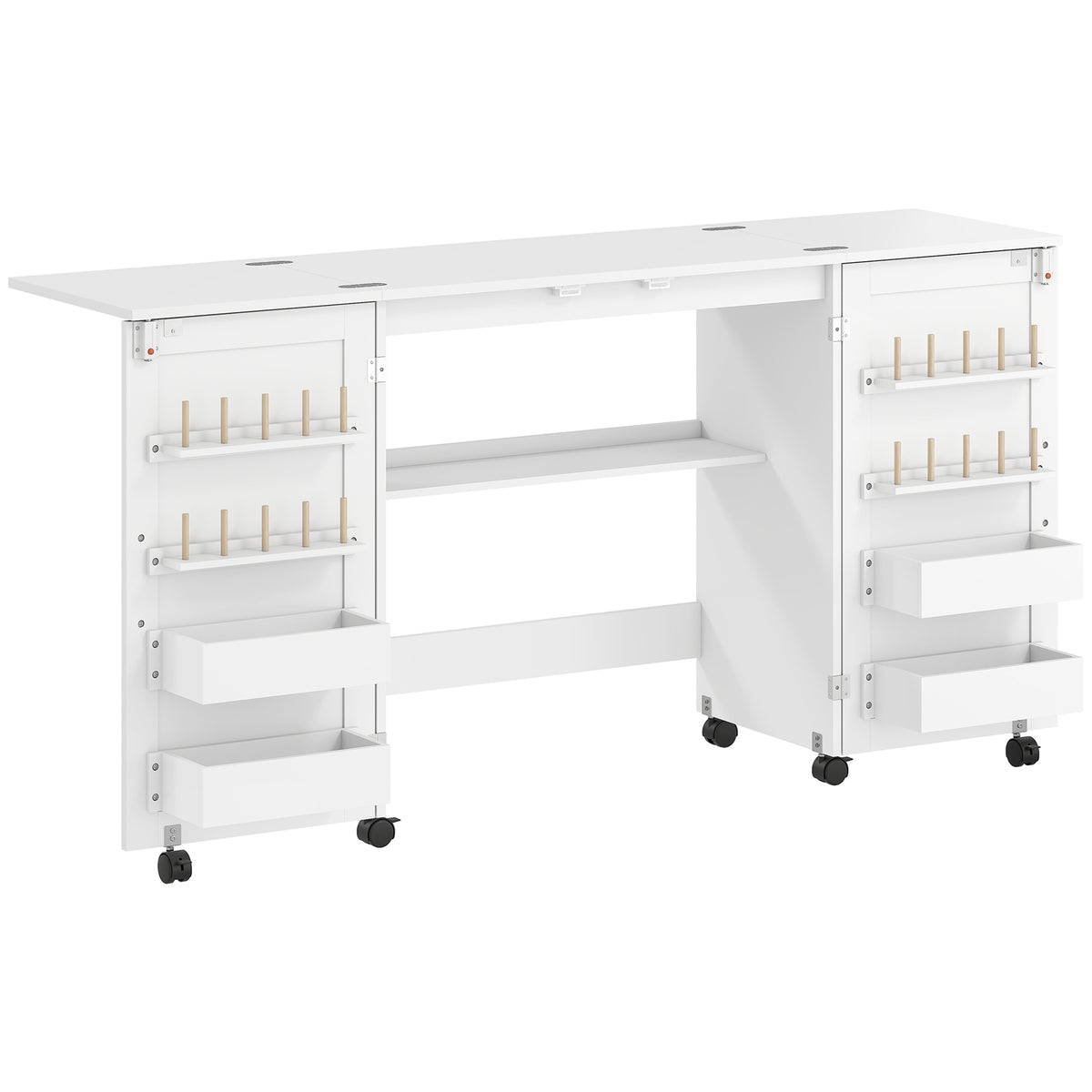 Tavolo da cucito pieghevole, mobile per cucito con rotelle, 2 ante magnetiche, 4 scomparti, 20 ganci, 160x40x81,5cm, bianco