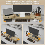 Rehausseur écran PC bureau support d'écran d'ordinateur de 60-116 cm avec 2 tiroirs, longueur et angle réglables