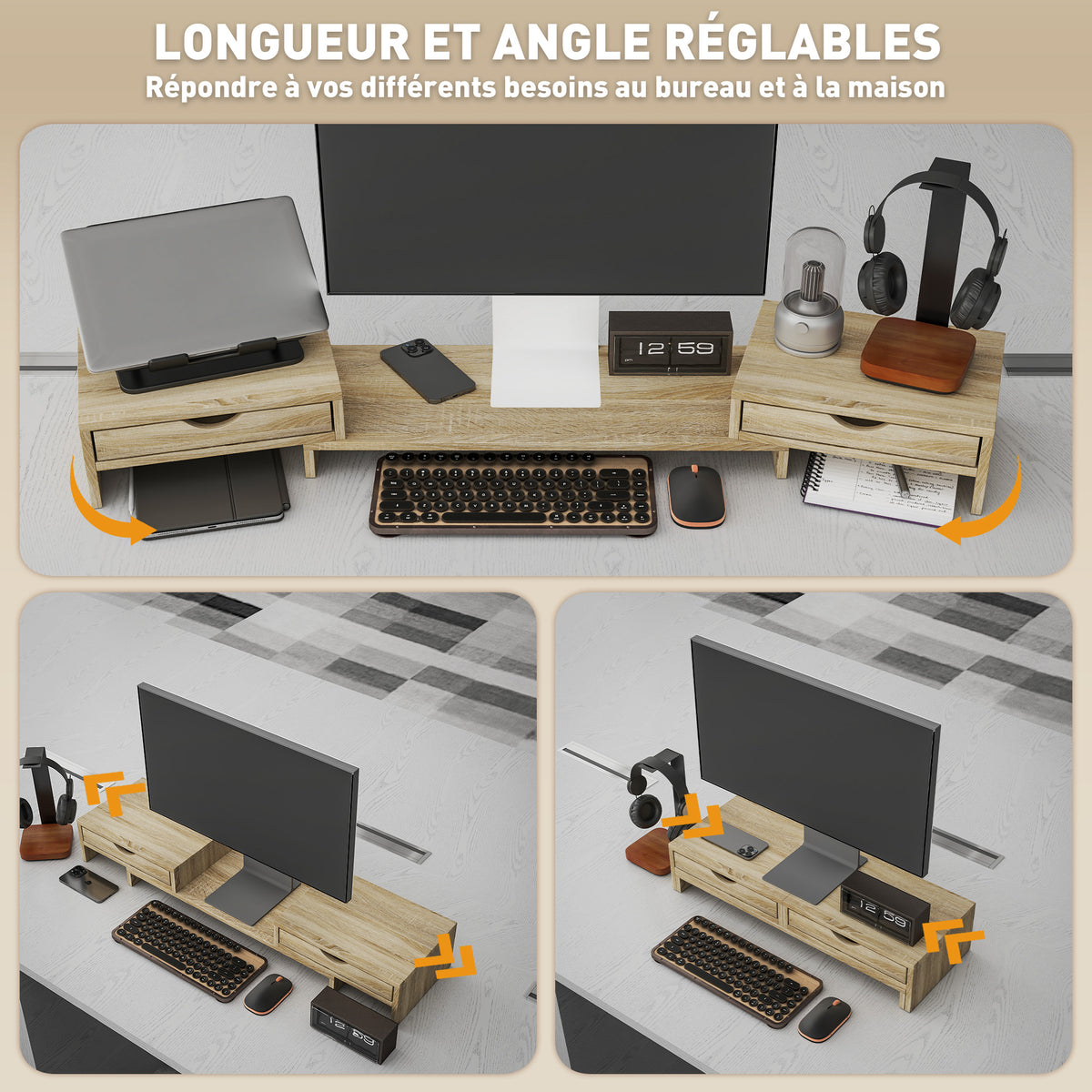 Rehausseur écran PC bureau support d'écran d'ordinateur de 60-116 cm avec 2 tiroirs, longueur et angle réglables