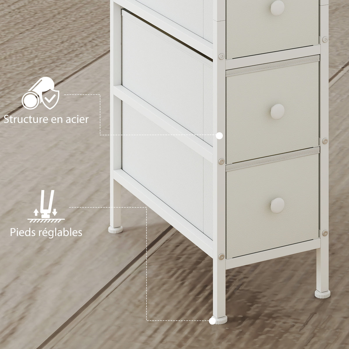 Ladekast met 4 opvouwbare stoffen lades, smalle opbergkast, moderne stijl, stalen frame, 20 x 43 x 81,5 cm, wit