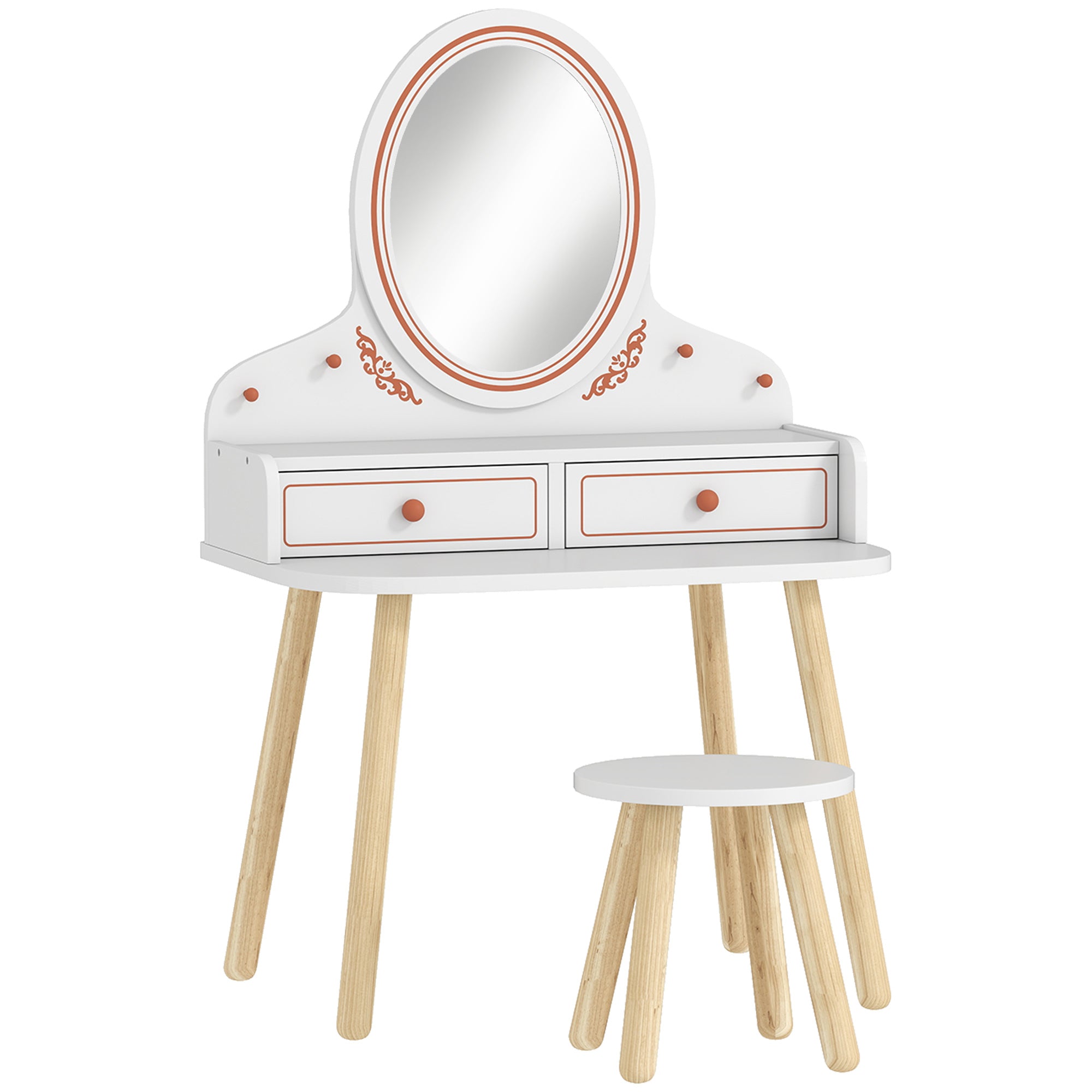 Coiffeuse Enfant en Bois avec Miroir Acrylique et Tabouret, 2 Tiroirs, Coins Arrondis, 3 à 8 Ans, 56x38x87,8cm, Blanc