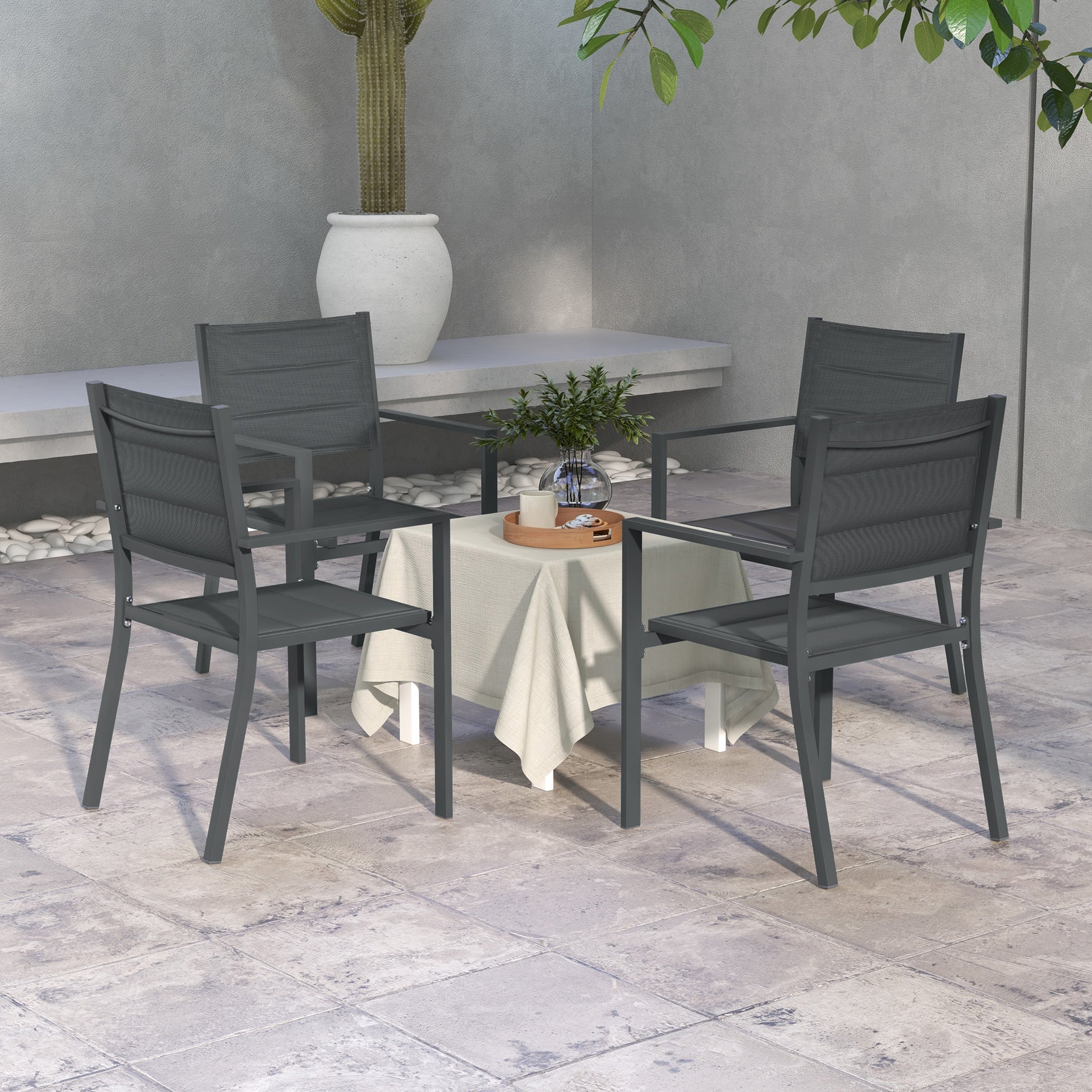 Ensemble de 4 chaises de jardin empilables en aluminium et textilène avec accoudoirs, lot de 4 pièces pour extérieur