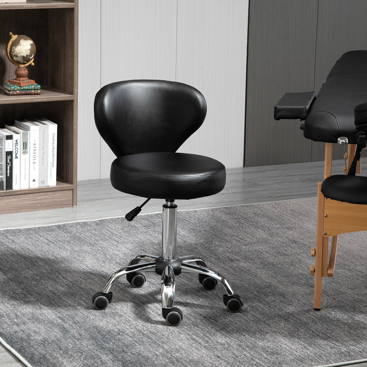 Tabouret à roulettes, tabouret de massage en PU avec hauteur réglable 73-88cm et dossier, chaise de travail pivotant 360°, cadre en acier, pour salon de massage, tatouage, clinique, spa, noir