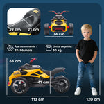 Quad électrique enfants voiture électrique enfants 12V 3 roues 2 moteurs lecteur MP3, klaxon, 2 vitesses 3-5 km/h jaune