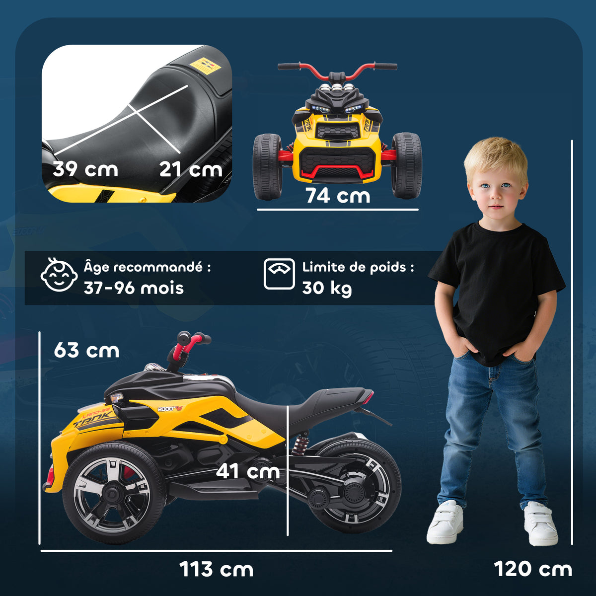 Quad électrique enfants voiture électrique enfants 12V 3 roues 2 moteurs lecteur MP3, klaxon, 2 vitesses 3-5 km/h jaune