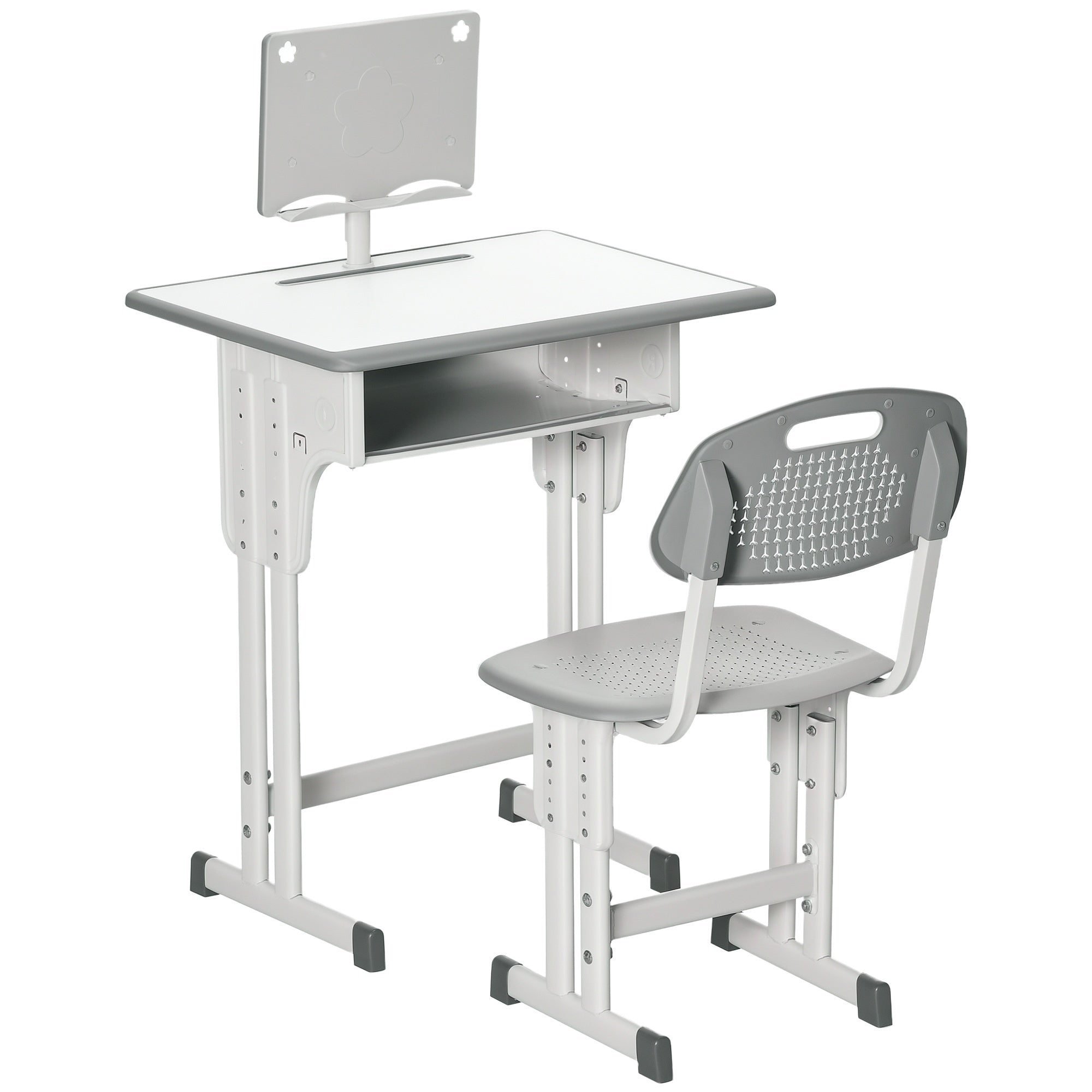 Bureau et chaise pour enfant avec support de lecture casier crochet et porte stylo 60 x 45x 90-102 cm gris