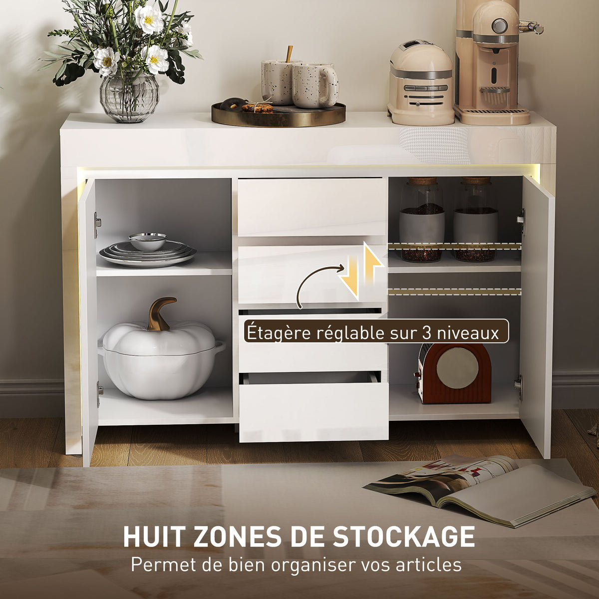 Buffet salon, meuble de rangement avec éclairage LED 4 tiroirs portes à fermeture douce 120 x 34 x 80 cm, blanc brillant