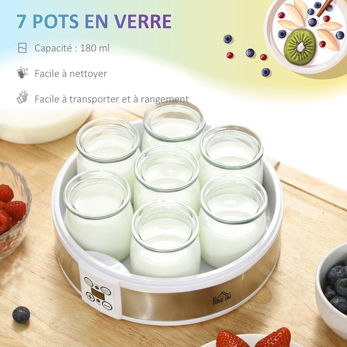 Yaourtière 7 pots de 180ml machine à yaourt électrique en acier inoxydable thermostat réglable 24 x 24 x 13 cm blanc