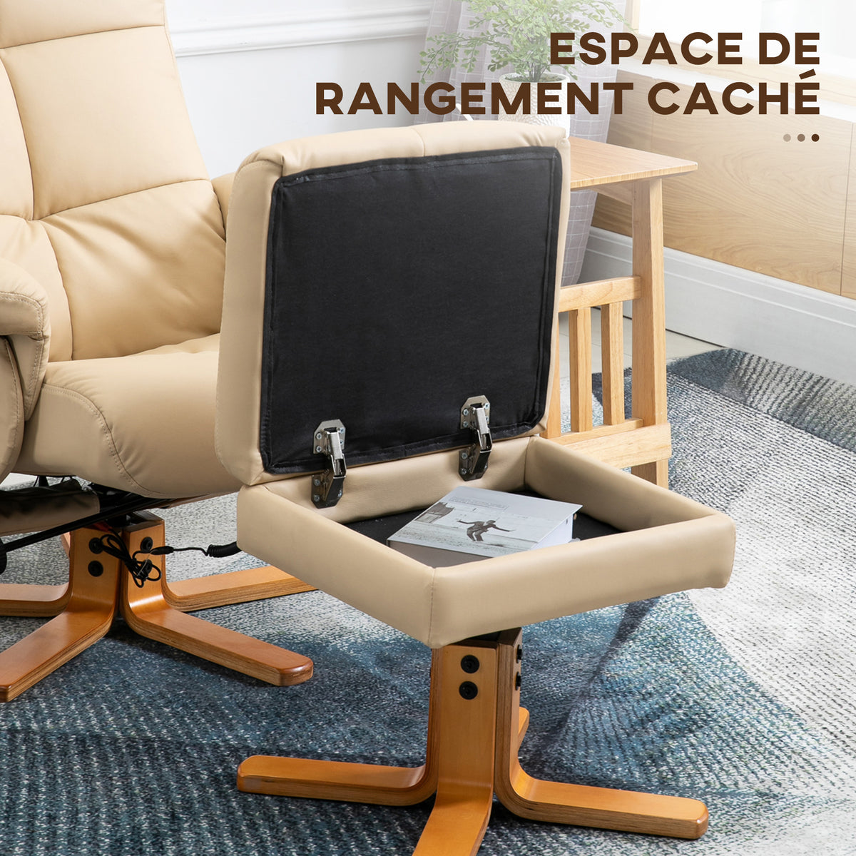 Massage-Relaxsessel mit Hocker, um 360° drehbarer Relaxsessel, neigbare Rückenlehne, 80 x 86 x 99 cm, Creme