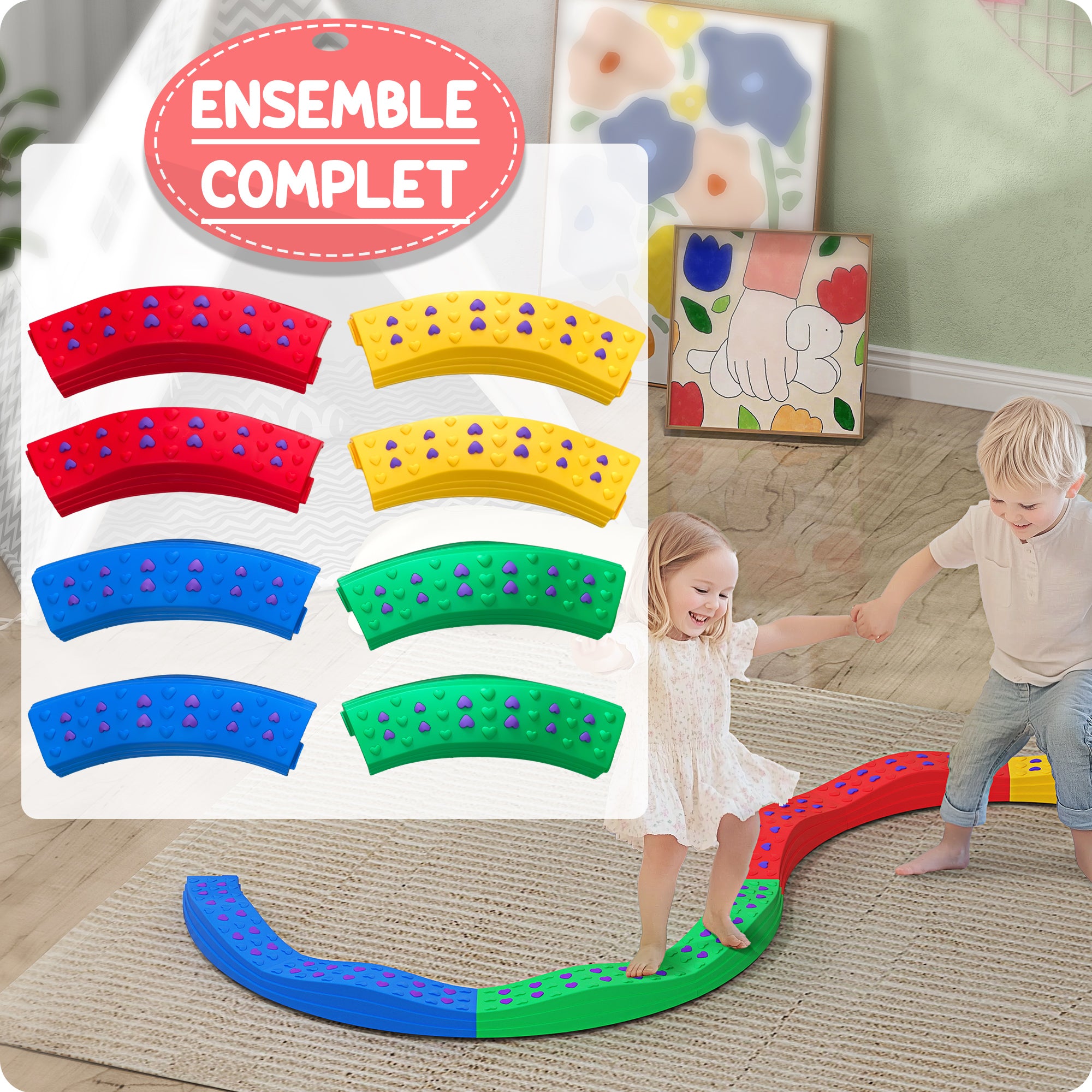 Children's balance beam, 8 wavy stepping stones with non-slip textured surface and bottom mat