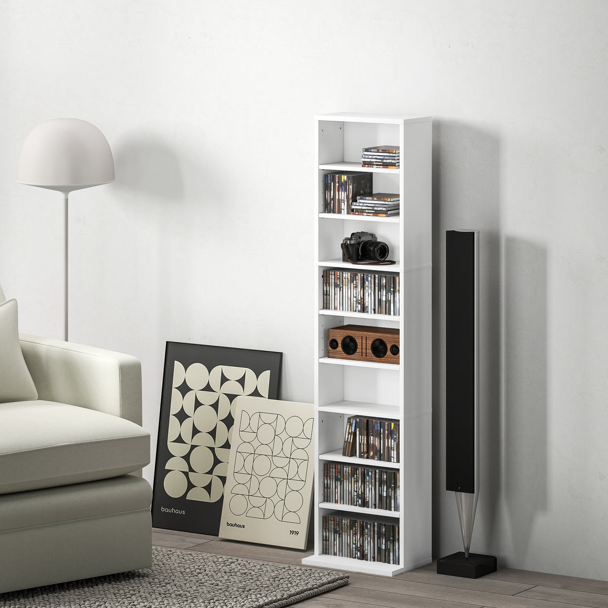 Rangements pour CD et DVD 9 compartiments et 6 étagères réglables capacité max. 260 CD/120 DVD 33 x 24 x 140 cm blanc