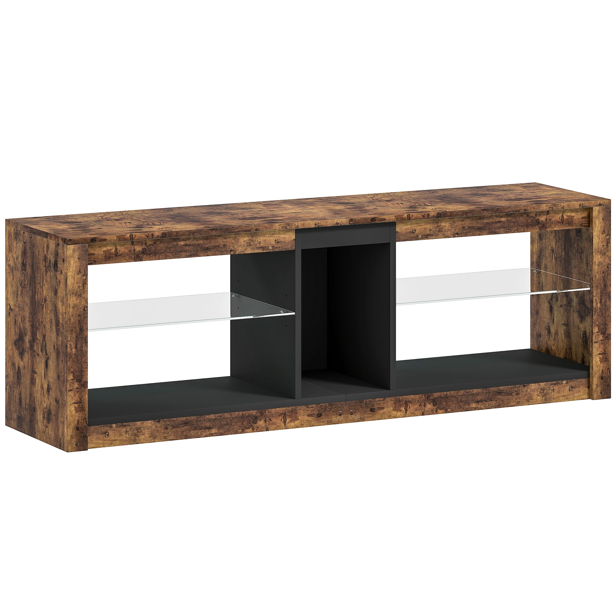 Meuble TV avec lumières LED et télécommande, étagères et compartiments ouvert, 140x35x47cm, marron