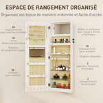 Armoire à bijoux avec LED, organisateur de bijoux mural/de porte verrouillable avec miroir, 37 x 10,5 x 108 cm, blanc