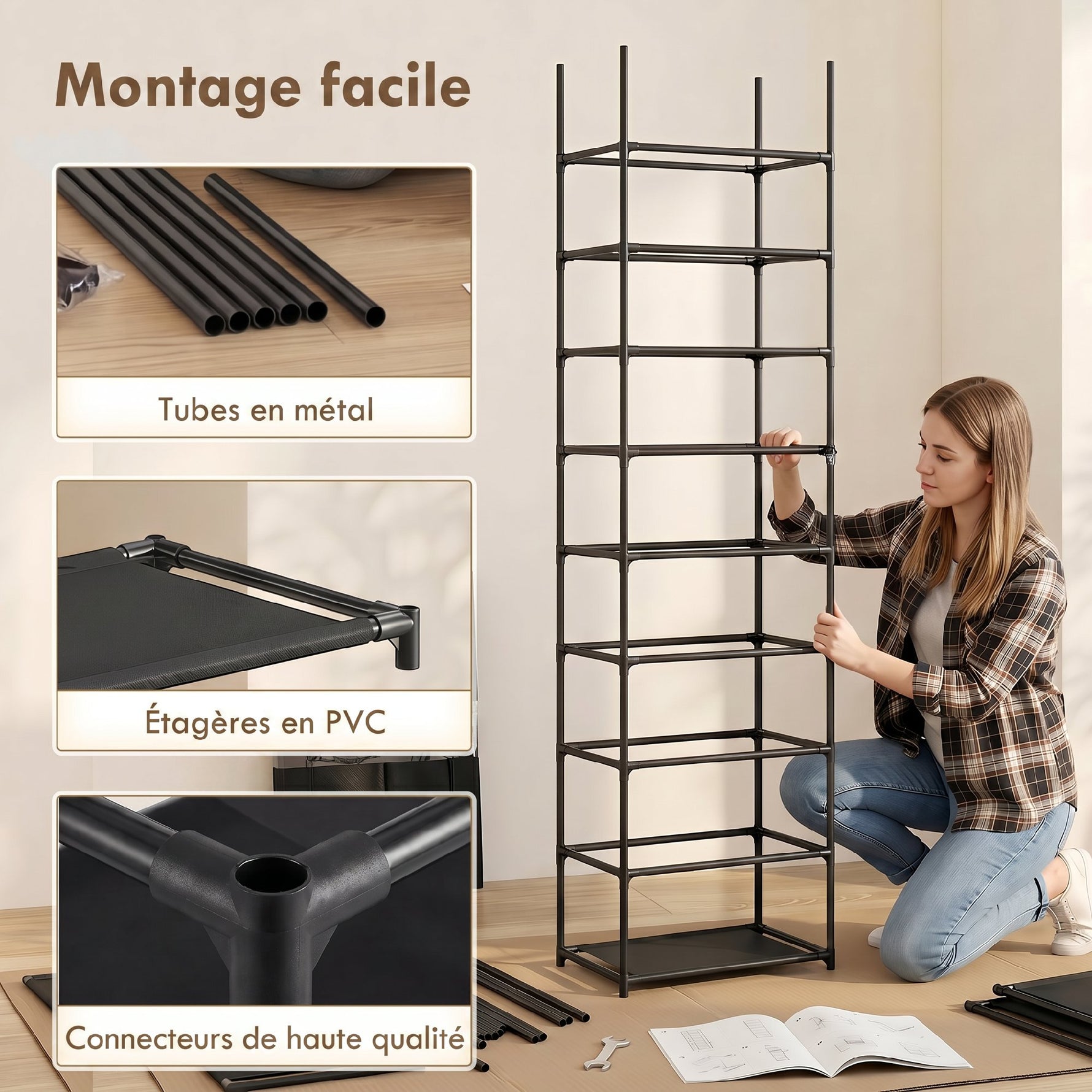 Étagère à Chaussures 20 Paires 10 Niveaux, Range-Chaussures en Métal avec Housse Anti-Poussière, Noir