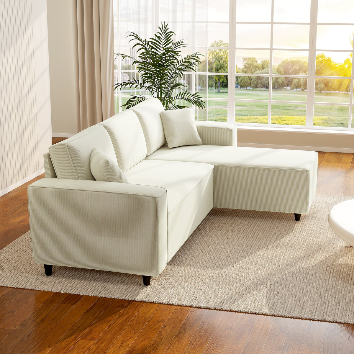 Canapé d'angle réversible 3 places moderne avec coussins inclus, tissu velours côtelé, crème