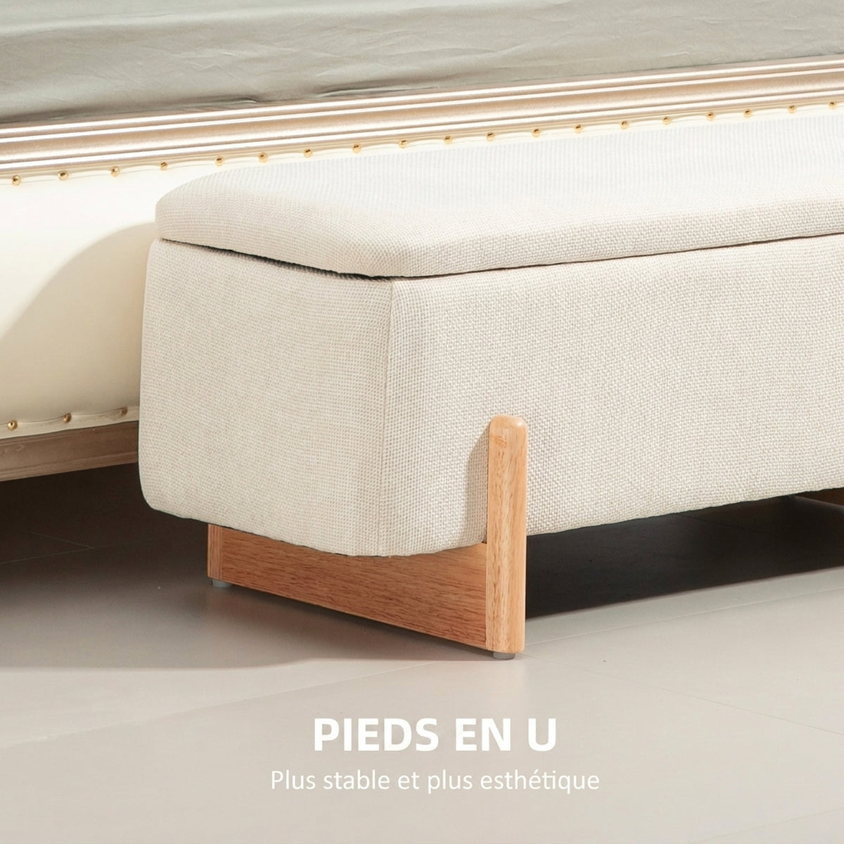Panca contenitore, fondo letto imbottito, cerniere di sicurezza, gambe a U in legno di gomma stabile, crema