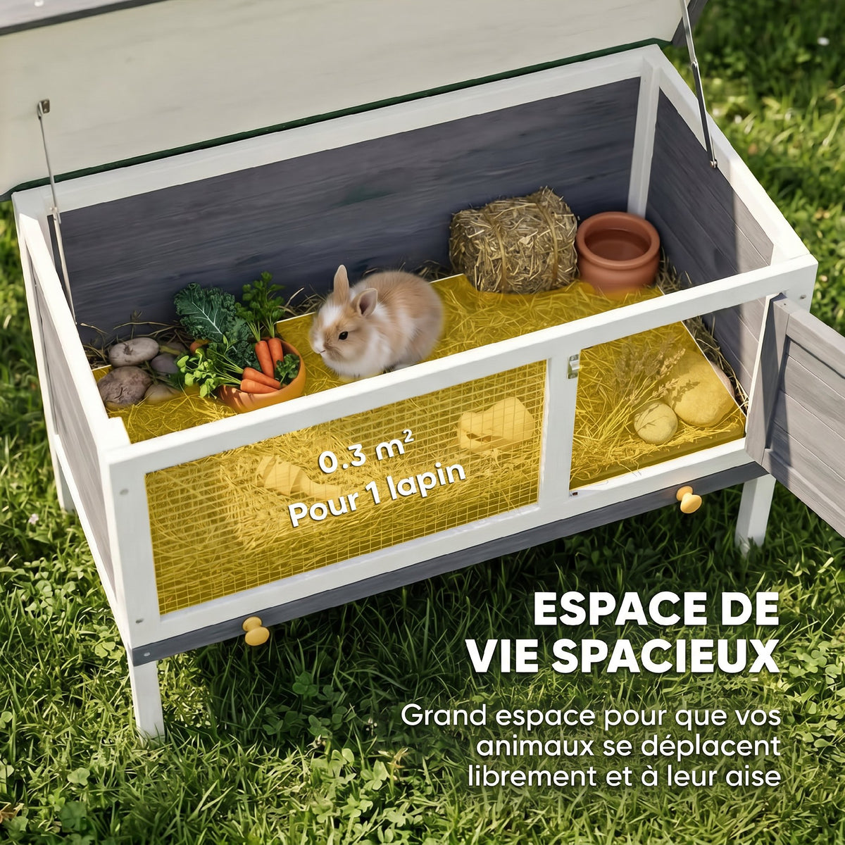 Clapier Lapin Extérieur en Bois, avec Toit Ouvrable en Asphalt et Plateau Coulissant, Design Surélevé, 90x45x65cm, Gris