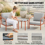 Salon de Jardin 3 Pièces, 2 Fauteuils, 1 Table Basse, Coussins Épais, Plateau en Verre Trempé, 63x77x76cm, Rouge Vineux