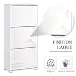 Meuble à Chaussures Armoire à chaussures 3 Portes abattantes 3 Compartiments en bois 60L x 26I x 124H cm Blanc laqué